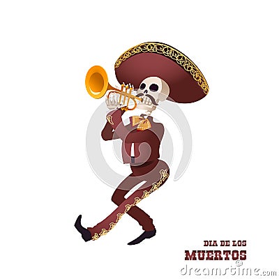 Dia de Muertos. Mariachi musician skeleton. Mexican tradition. Vector Illustration