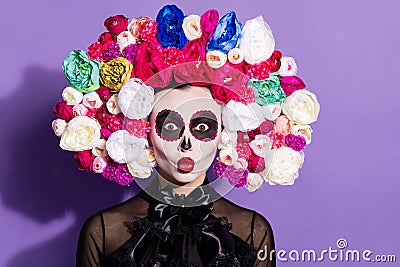 Dia de muertos. Photo of beautiful skeleton dead coquette bride death day spirit ritual facial print zombie voodoo send Stock Photo