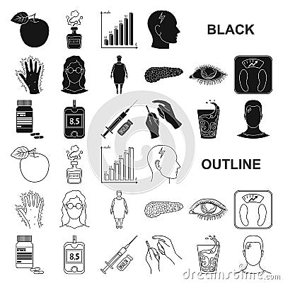 Diabetes black icons in set collection for design. Treatment of diabetes vector symbol stock web illustration. Vector Illustration