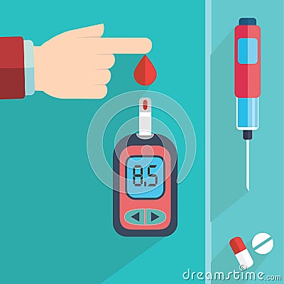 Diabetes Blood Glucose Test - Hand applying blood drop to test strip of Glucose Meter - Flat icon set Vector Illustration