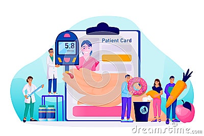 Diabetes, blood sugar glucose test. Diseases, diagnosis and treatment of diabetic. Vector people characters illustration Vector Illustration