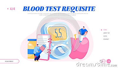 Diabetes Blood Sugar Level Test at Digital Glucose Meter Landing Page Template. Characters Measuring Sugar Vector Illustration