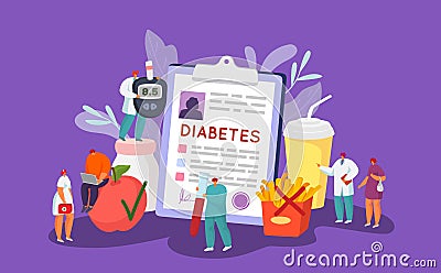 Diabetes control glucose healthcare concept, vector illustration. Doctor character diagnosis care, diabetic diet disease Vector Illustration