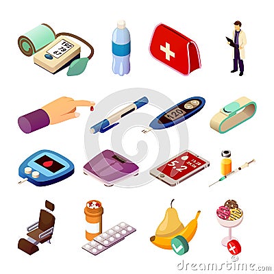 Diabetes Control Isometric Icons Vector Illustration
