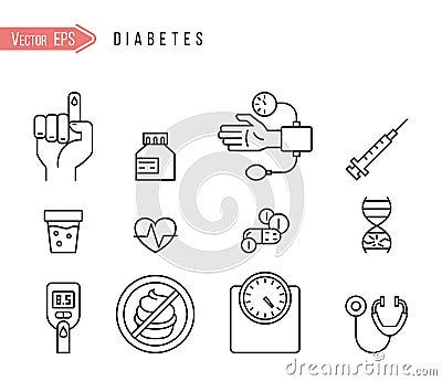 Diabetes disease, health icons set Vector Illustration