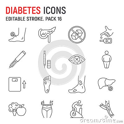 Diabetes disease line icon set Vector Illustration