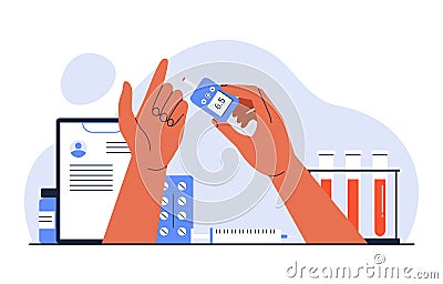 Diabetes equipment concept. Blood glucose level test. Hands holding glucometer and measuring sugar. Diabetes treatment Vector Illustration