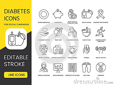 Diabetes icon set for impactful social campaigns, healthy eating, fundraising, solidarity with patients, heart health Vector Illustration