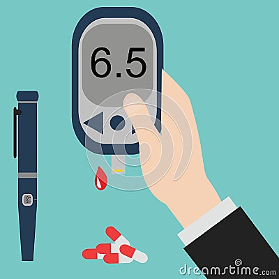 Diabetes icon and vector.Blood Glucose Test.Hand holding Glucose Meter. Vector Illustration