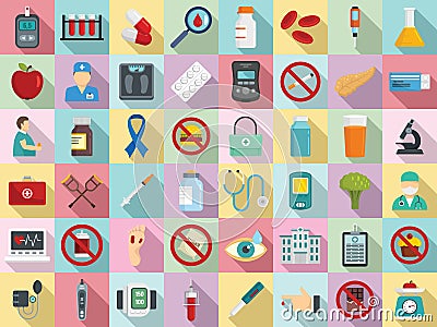 Diabetes icons set, flat style Vector Illustration