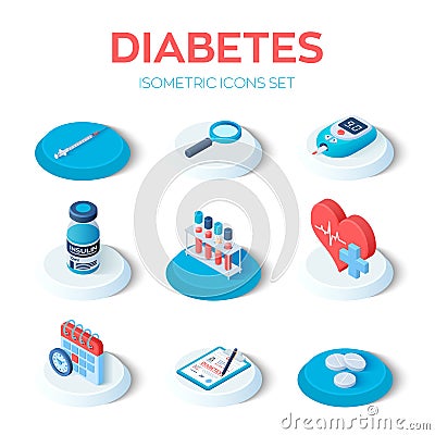 Diabetes - isometric icons set. Blood glucose meter, pills, syringe, insulin vial, calendar, search icon. Diabetes mellitus type 2 Cartoon Illustration