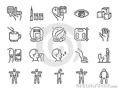 Diabetes line icon set. Included the icons as disease, sugar, fat, body, metabolic disease, insulin, medicine, health and more. Vector Illustration