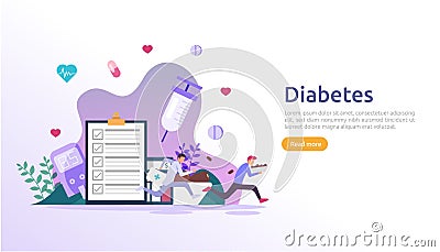 Diabetes mellitus monitoring concept. sugar level blood measures with glucose testing meter. insulin injection treatment and diet Vector Illustration