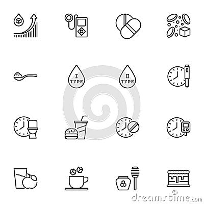 Diabetes related line icons set Cartoon Illustration