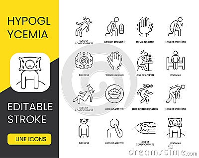 Diabetes symptom hypoglycemia, vector line icon set with editable stroke, loss of attention, diversion of attention Vector Illustration