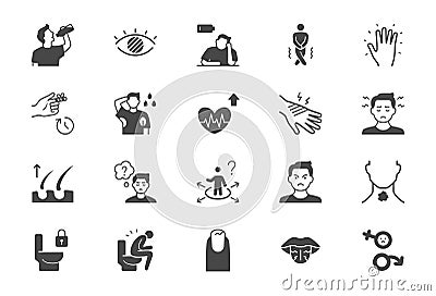 Diabetes symptoms flat icons. Vector illustration include icon - sexual loss, diarrhea, disorientation, depression glyph Vector Illustration