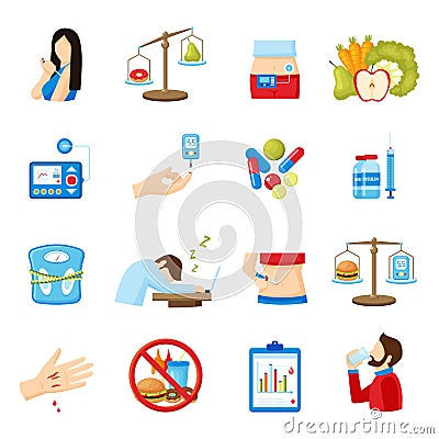 Diabetes Symptoms Signs Flat Icons Collection Vector Illustration