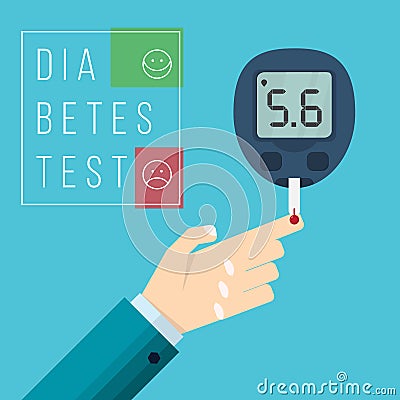 Diabetes test concept, mans hand and glucometer Vector Illustration