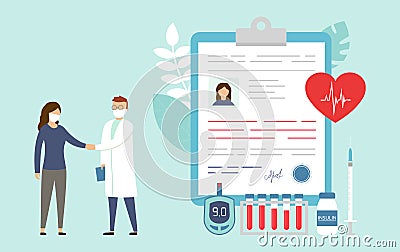 Diabetes Treatment, Insulin Production Concept. Doctor Taking Care Of Patient. Doctor And Patient Handshake. Blood Vector Illustration