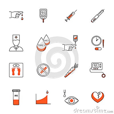 Diabetes Treatment Signs Thin Line Icons Set. Vector Vector Illustration