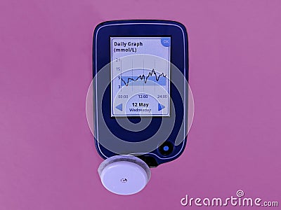 Diabetes type 1. Insulin depend. Device for continuous glucose monitoring â€“ CGM and white sensor. Stock Photo
