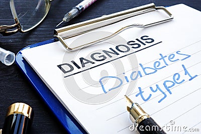 Diabetes type 1 written in medical report. Stock Photo