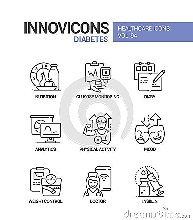 Diabetes - vector line design style icons set Vector Illustration