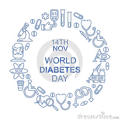 Diabetes vector linear background. Diabetic therapy line style blue icons set. Blood glucose test. World diabetes day with blue c Vector Illustration