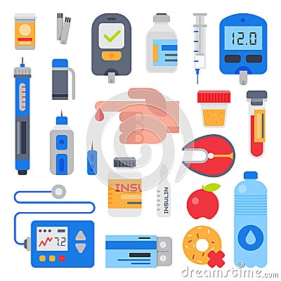 Diabetes vector medical care to diabetic and finger with blood drop for testing glucose sugar illustration set of Vector Illustration