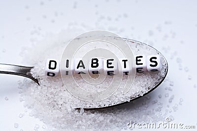 Diabetes word formed with plastic letter beads placed in a spoon full of sugar Stock Photo