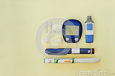 Diabetic kit: glucometer, test strips, lancet, insulin pens, metformin tablets Stock Photo