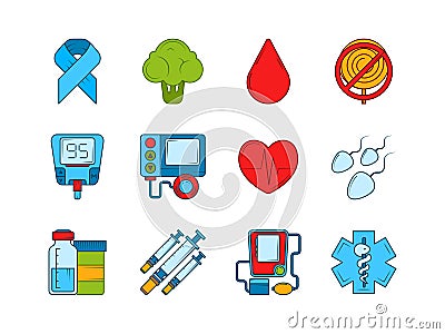 Diabetic medical symbols. Insulin, syringe and other medical icons set Vector Illustration