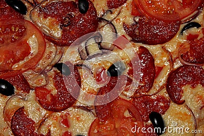 Diablo pizza with olives, smoked sausage Stock Photo