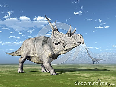 Diabloceratops and Mamenchisaurus Cartoon Illustration