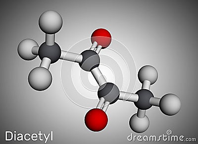 Diacetyl, butanedione molecule. It is occurs in alcoholic beverages and is added as a flavoring to some foods. Molecular model. Stock Photo