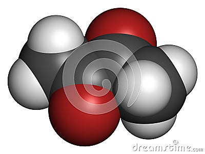 Diacetyl (butanedione) molecule. Responsible for taste of butter. Used for butter flavouring. Causes popcorn workerâ€™s lung ( Stock Photo