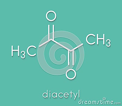 Diacetyl butanedione molecule. Responsible for taste of butter. Used for butter flavouring. Causes popcorn workerâ€™s lung . Stock Photo