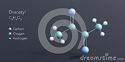 diacetyl molecule 3d rendering, flat molecular structure with chemical formula and atoms color coding Stock Photo