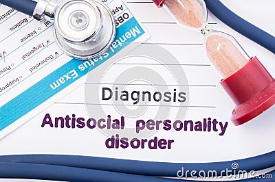 Diagnosis of Antisocial personality disorder ASPD. On psychiatrist or psychologist table is paper with inscription Antisocial pe Stock Photo