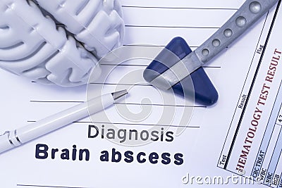 Diagnosis Brain Abscess. Figure brain, neurological hammer, printed on a paper blood test and written diagnosis of Brain Abscess i Stock Photo