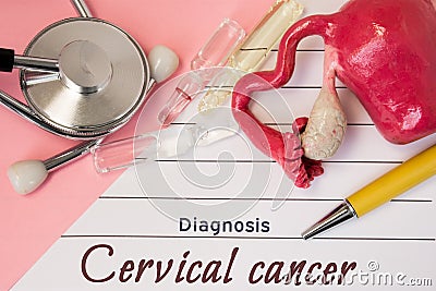 Diagnosis of Cervical Cancer. Medical history of patient with Diagnosis of Cervical Cancer inscription next stethoscope, uterus wi Stock Photo