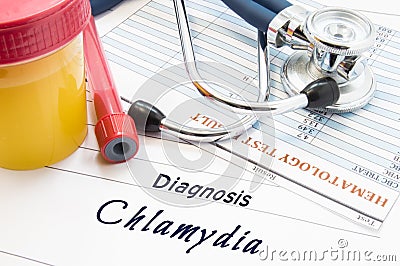 Diagnosis Chlamydia. Stethoscope, lab test tube with blood, container with urine and result of blood laboratory analysis are near Stock Photo