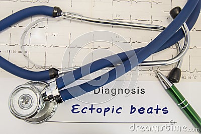 Diagnosis of Ectopic beats. Stethoscope and recorded electrocardiogram on paper lying horizontally inscription diagnosis Ectopic Stock Photo