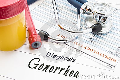 Diagnosis Gonorrhea. Stethoscope, laboratory test tube with blood, container with urine and result of blood laboratory analysis ar Stock Photo