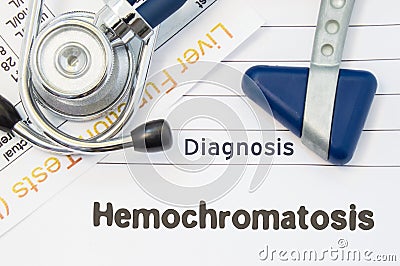 Diagnosis Hemochromatosis. Neurological hammer, stethoscope and liver laboratory test lie on note with title of hereditary disease Stock Photo