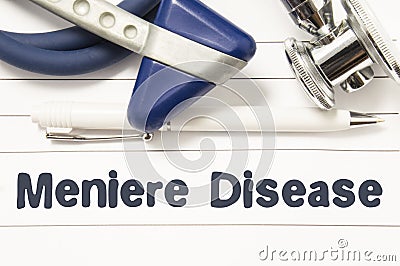 Diagnosis of Meniere Disease closeup. Medical book guide for doctor neurologist with heading text of inner ear disorder Meniere Di Stock Photo