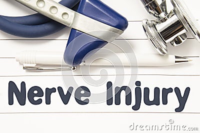 Diagnosis of Nerve Injury closeup. Medical book guide for doctor neurologist with heading text of neurology diseases Nerve Injury Stock Photo