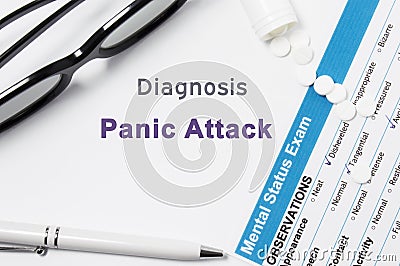 Diagnosis of Panic Attack. Results of mental status exam, container with pills with inscription psychiatric diagnosis Panic Attack Stock Photo