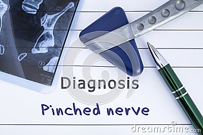 Diagnosis of Pinched Nerve. Medical health history written with diagnosis of Pinched Nerve, MRI image sacral spine and neurologica Stock Photo