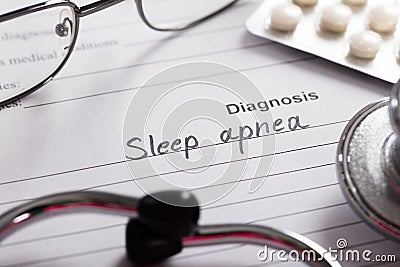 Diagnosis Sleep Apnea Word On Paper With Drugs And Stethoscope Stock Photo